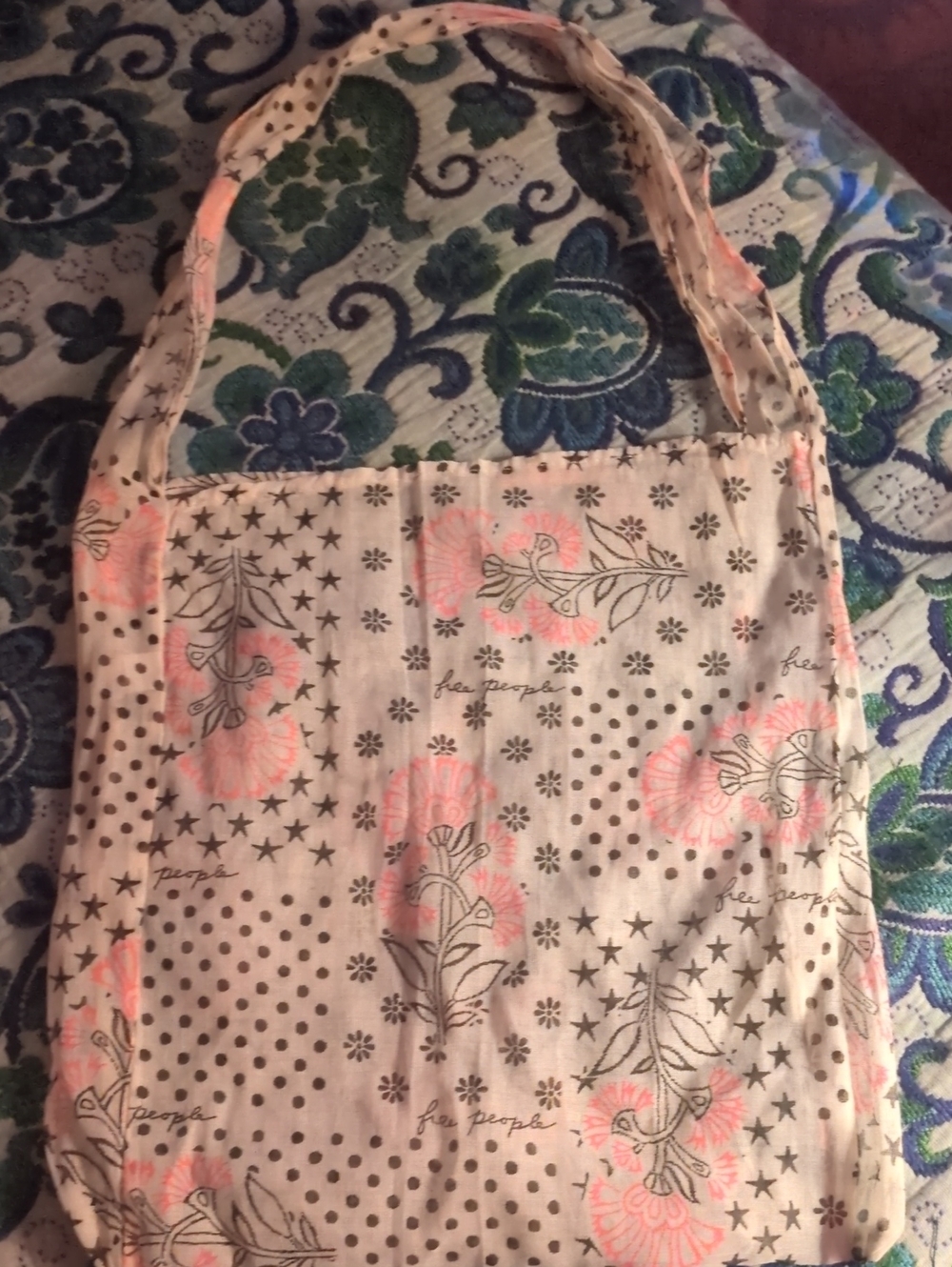 Free People Cream Tote with Pink Floral and Black Print